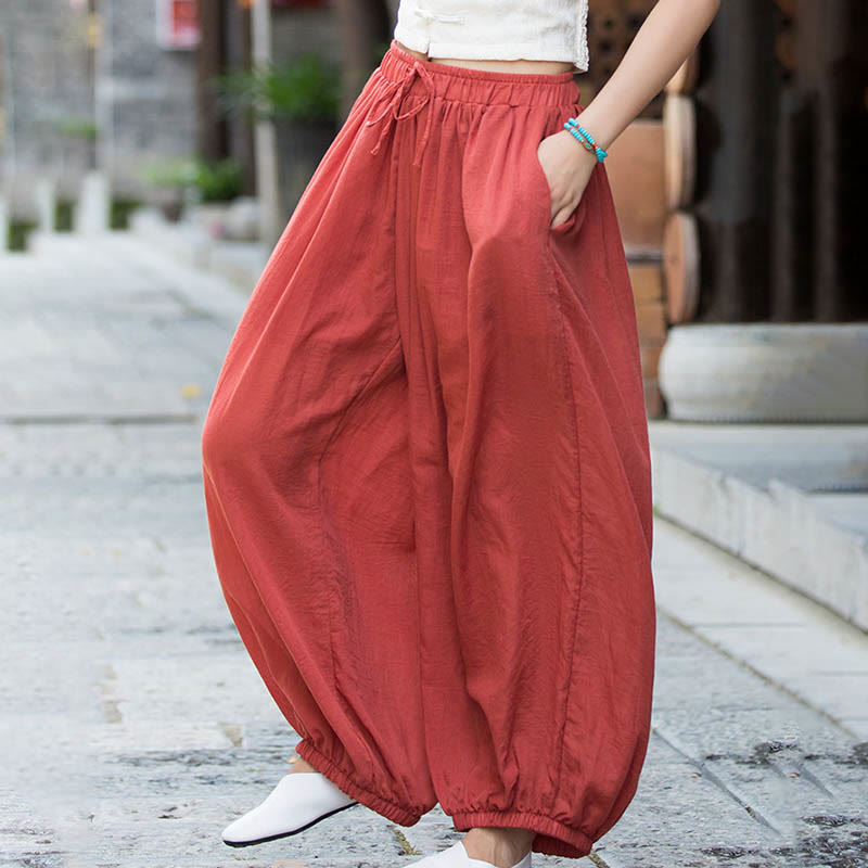 Pantaloni estivi in ​​lino tinta unita con coulisse e tasche Buddha Stones - image 32