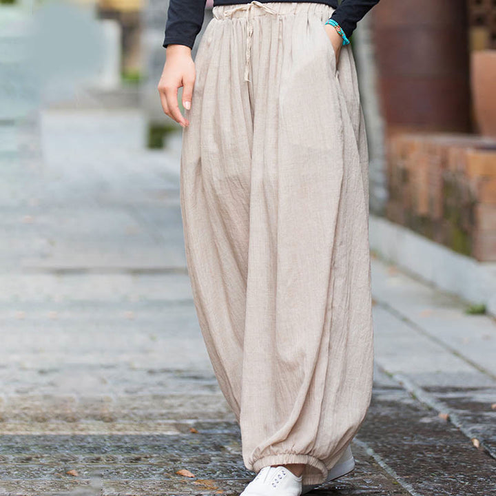 Pantaloni estivi in ​​lino tinta unita con coulisse e tasche Buddha Stones - image 13
