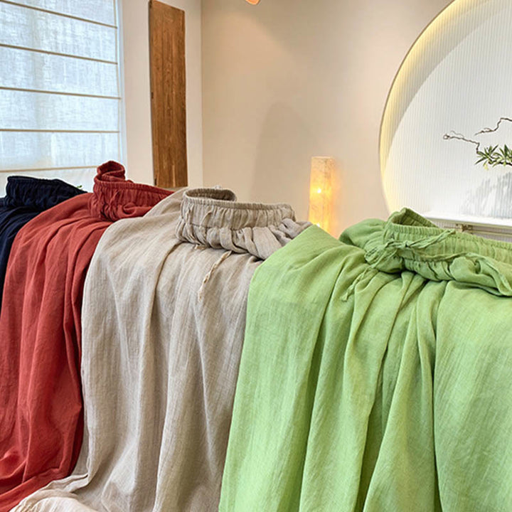 Pantaloni estivi in ​​lino tinta unita con coulisse e tasche Buddha Stones - image 36