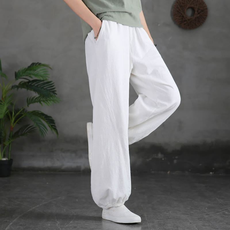 Pantaloni da donna in ramia, lino e cotone, tinta unita, con tasche, con stampa Buddha Stones. - Bianco - US6， UK/AU10，EU38 (L) - image 28