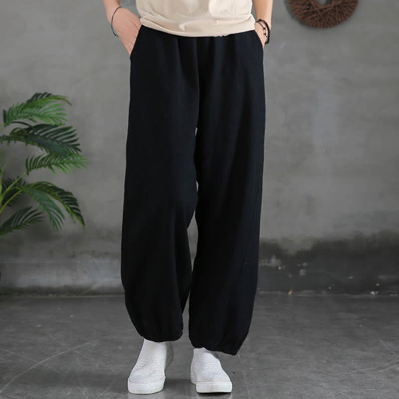 Pantaloni da donna in ramia, lino e cotone, tinta unita, con tasche, con stampa Buddha Stones. - Nero - US6， UK/AU10，EU38 (L) - image 39