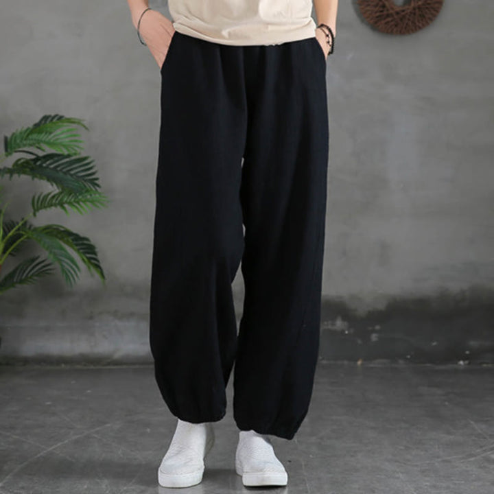 Pantaloni da donna in ramia, lino e cotone, tinta unita, con tasche, con stampa Buddha Stones. - Nero - US6， UK/AU10，EU38 (L) - image 39