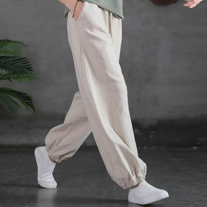 Pantaloni in cotone e lino ramiè tinta unita Buddha Stones con tasche - image 11