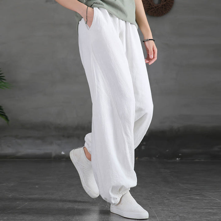 Pantaloni da donna in ramia, lino e cotone, tinta unita, con tasche, con stampa Buddha Stones. - image 30