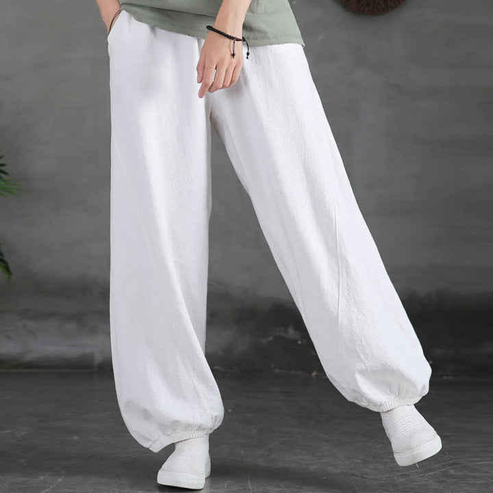 Pantaloni da donna in ramia, lino e cotone, tinta unita, con tasche, con stampa Buddha Stones. - image 33