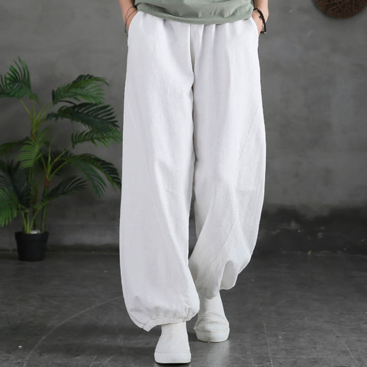 Pantaloni da donna in ramia, lino e cotone, tinta unita, con tasche, con stampa Buddha Stones. - image 29