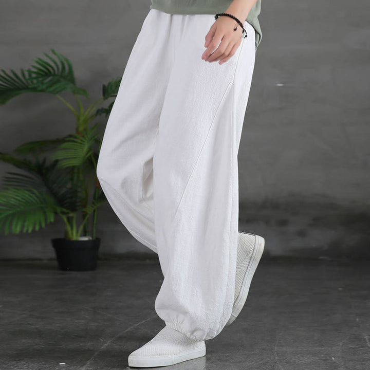 Pantaloni da donna in ramia, lino e cotone, tinta unita, con tasche, con stampa Buddha Stones. - image 31