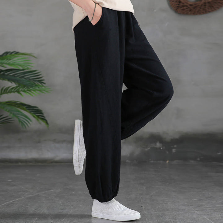 Pantaloni da donna in ramia, lino e cotone, tinta unita, con tasche, con stampa Buddha Stones. - image 41