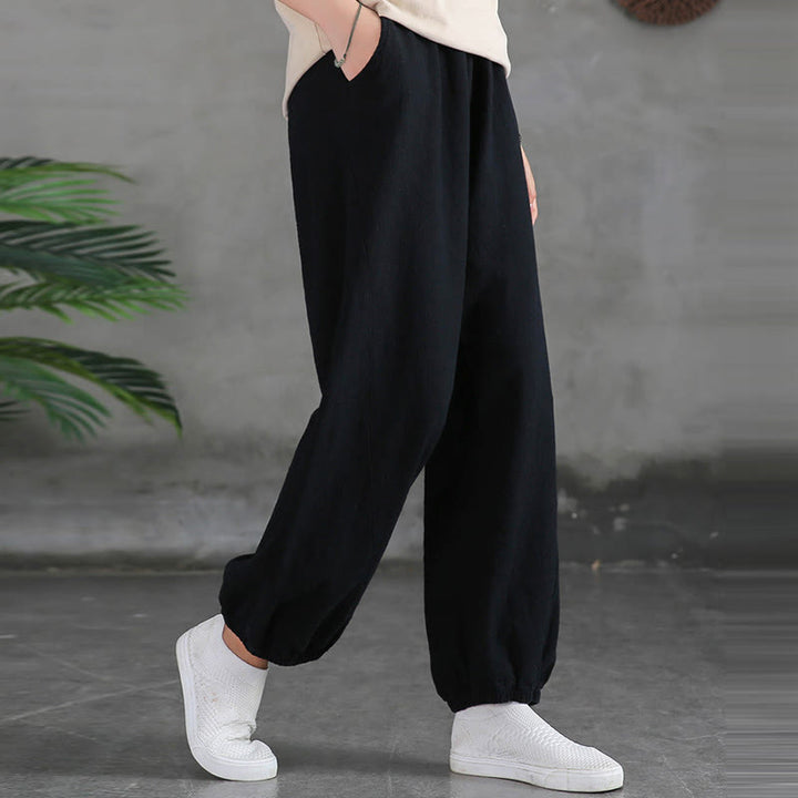 Pantaloni da donna in ramia, lino e cotone, tinta unita, con tasche, con stampa Buddha Stones. - image 40