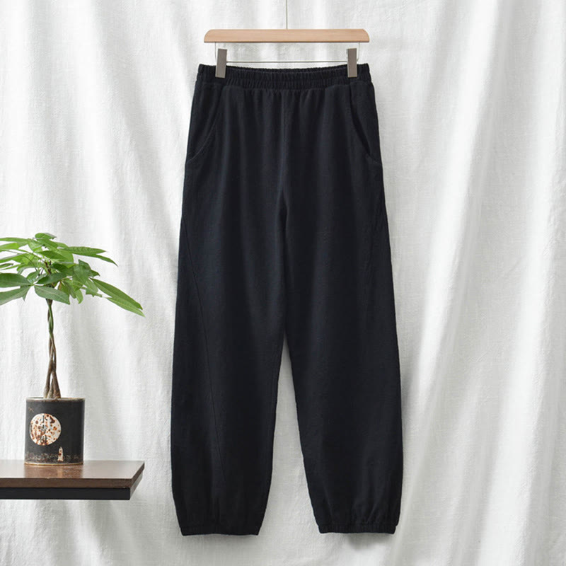 Pantaloni da donna in ramia, lino e cotone, tinta unita, con tasche, con stampa Buddha Stones. - image 45