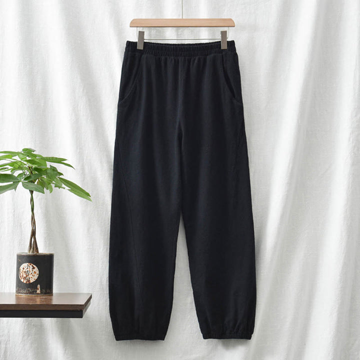 Pantaloni da donna in ramia, lino e cotone, tinta unita, con tasche, con stampa Buddha Stones. - image 45