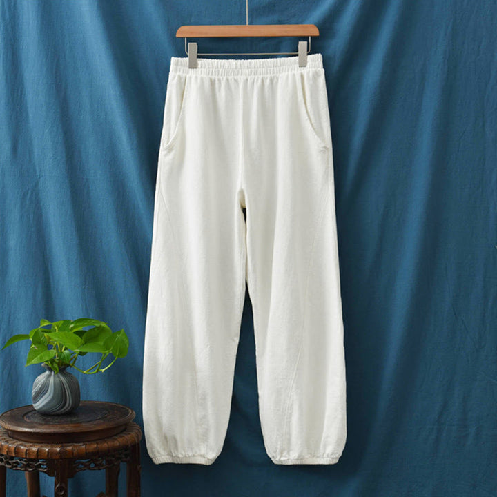 Pantaloni da donna in ramia, lino e cotone, tinta unita, con tasche, con stampa Buddha Stones. - image 38
