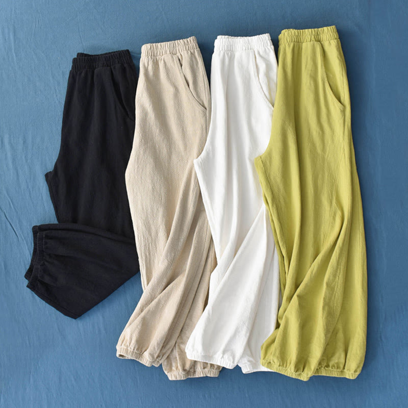 Pantaloni in cotone e lino ramiè tinta unita Buddha Stones con tasche - image 1