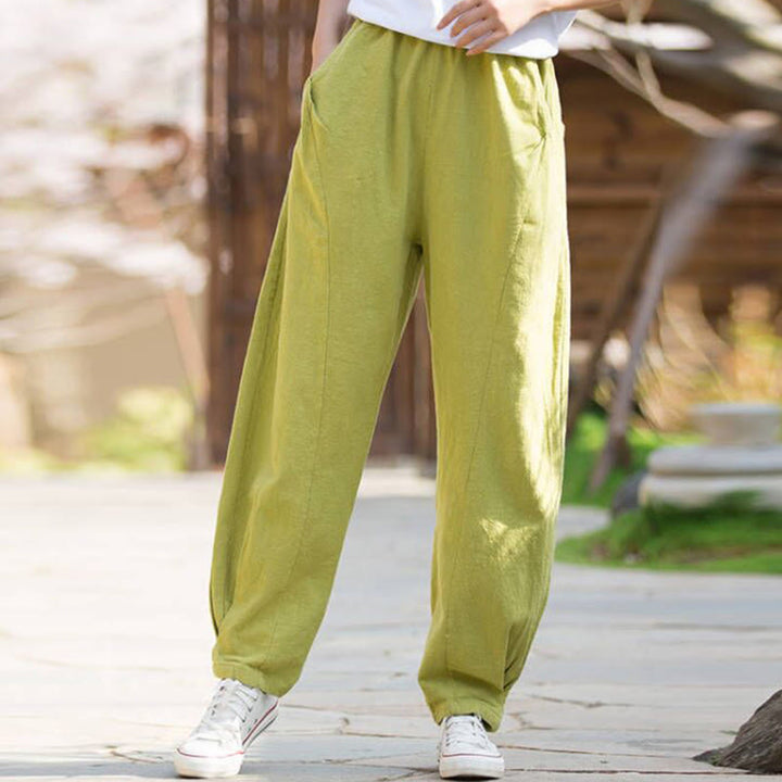 Pantaloni da yoga casual in lino e cotone ramiè Buddha Stones con tasche - VerdeGiallo - US4, UK/AU8, EU36 (L) - image 0