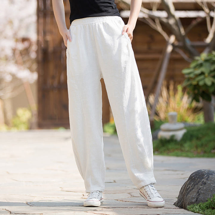 Pantaloni da yoga casual in lino e cotone ramiè Buddha Stones con tasche - Bianco - US4, UK/AU8, EU36 (L) - image 8