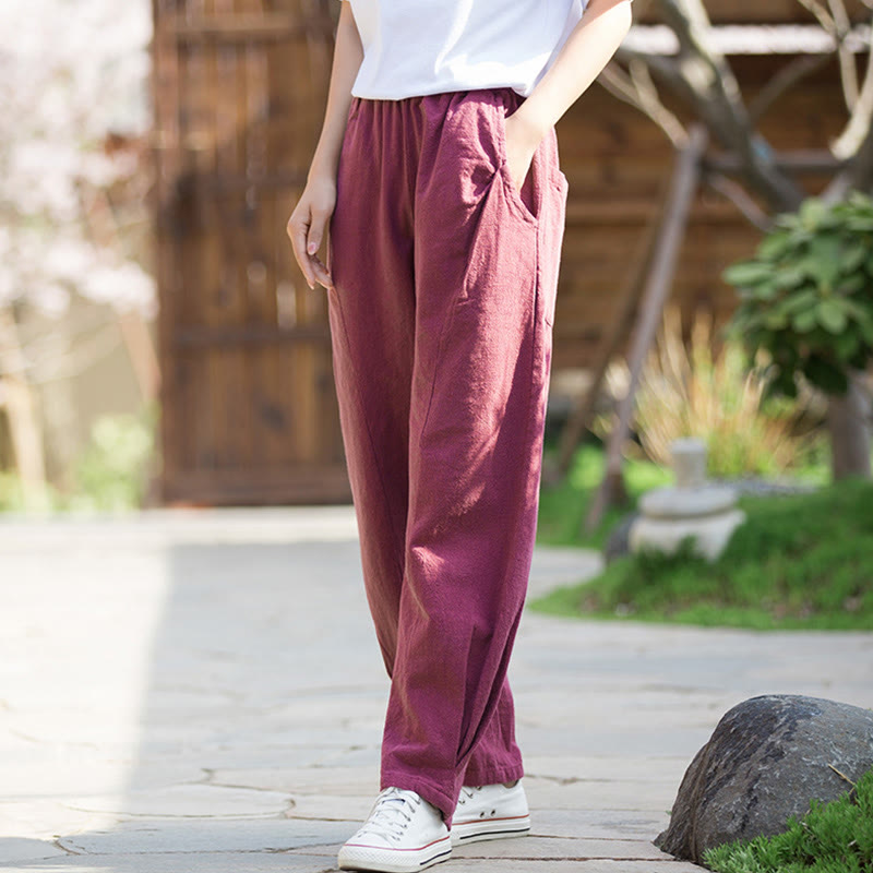Pantaloni da yoga casual in lino e cotone ramiè Buddha Stones con tasche - RossoViolaPale - US4, UK/AU8, EU36 (L) - image 14