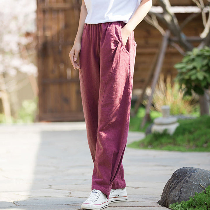 Pantaloni da yoga casual in lino e cotone ramiè Buddha Stones con tasche - RossoViolaPale - US4, UK/AU8, EU36 (L) - image 14