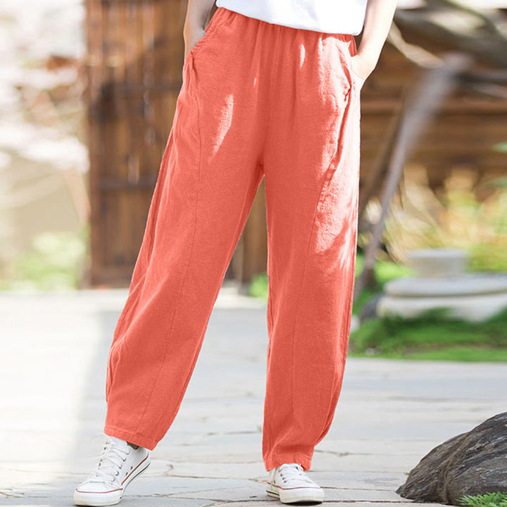 Pantaloni da yoga casual in lino e cotone ramiè Buddha Stones con tasche - Corallo chiaro - US4, UK/AU8, EU36 (L) - image 34