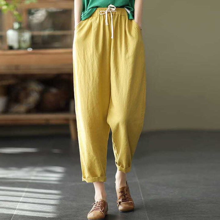 Pantaloni harem con coulisse in cotone casual da donna Buddha Stones con tasche - LemonChiffon - US14, UK/AU18, EU46 (4XL) - image 5