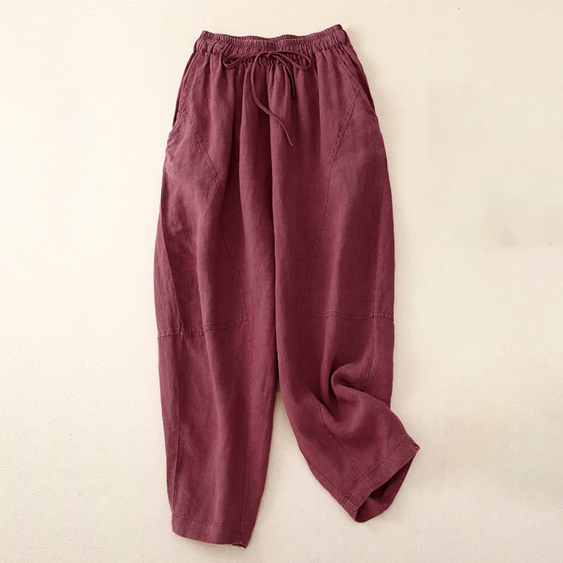 Pantaloni harem con coulisse e elastico in vita in lino con tasche, estate da donna , Buddha Stones - Rosso viola pallido - US8-10, UK/AU12-14, EU40-42 (2XL) - image 0