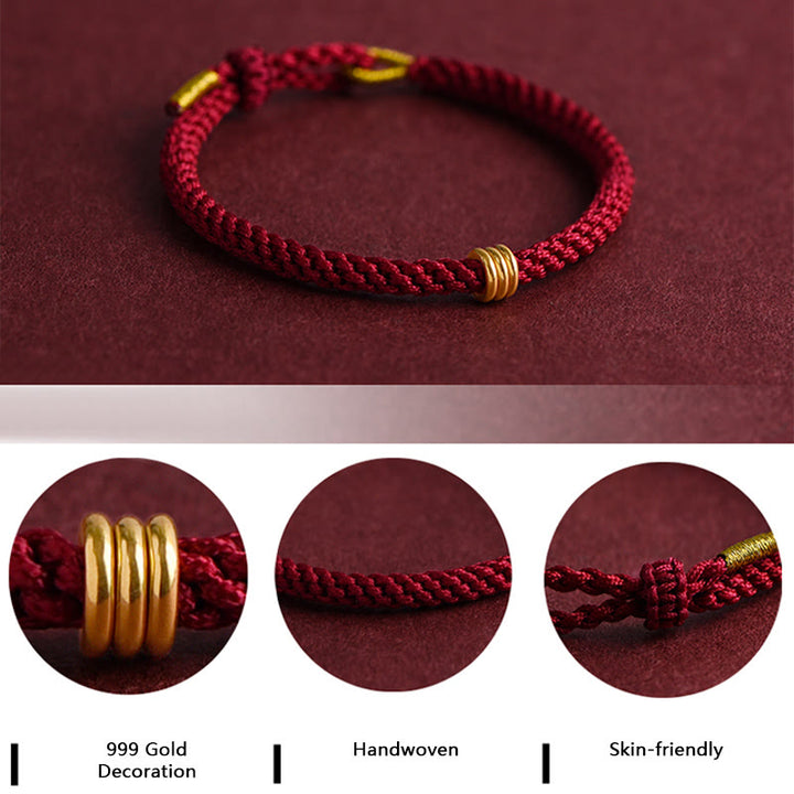 Braccialetto in corda intrecciata con design a triplo anello in oro 999 Buddha Stones