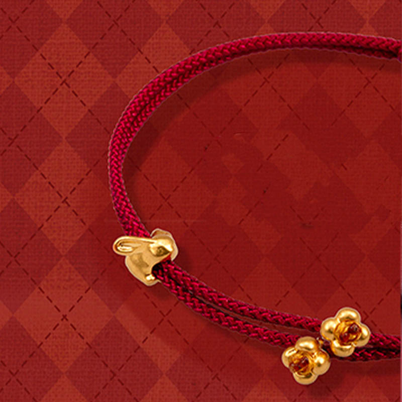 Braccialetto in corda intrecciata fatto a mano con design a forma di coniglio fortunato osmanto, in oro 999, con Buddha Stones