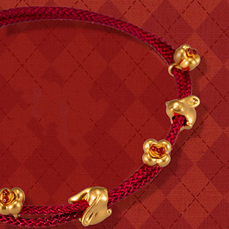 Braccialetto in corda intrecciata fatto a mano con design a forma di coniglio fortunato osmanto, in oro 999, con Buddha Stones