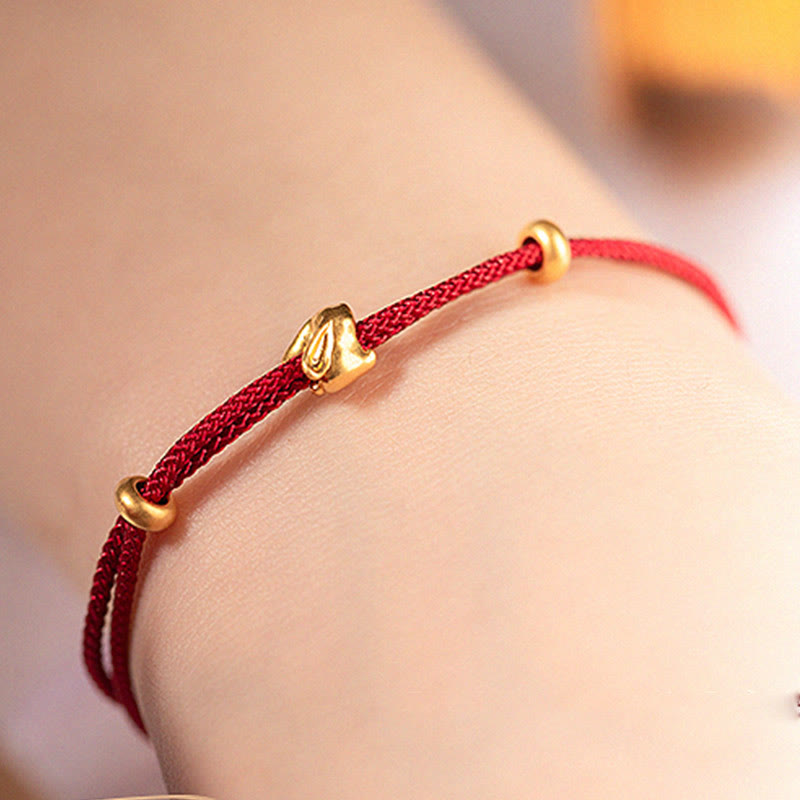 Braccialetto in corda intrecciata fatto a mano con design a forma di coniglio fortunato osmanto, in oro 999, con Buddha Stones