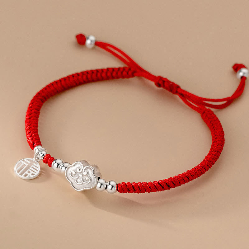 Braccialetto intrecciato in corda con nuvole di buon auspicio e benedizione in argento sterling 925 fatto a mano con Buddha Stones - Corda rossa con personaggio Fu (circonferenza del polso 14-22 cm) - image 0