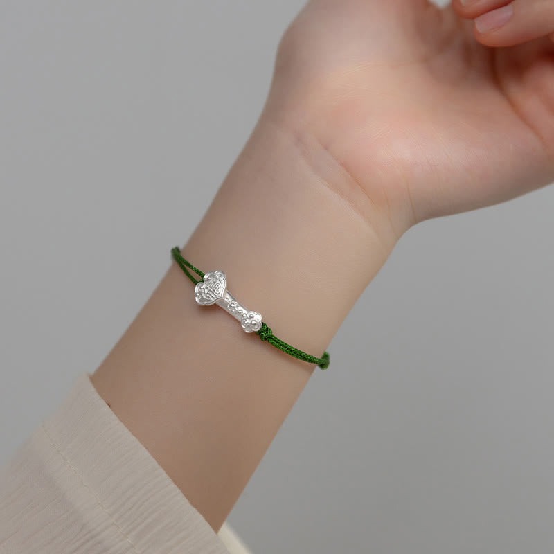 Braccialetto in corda verde intrecciata con impugnatura Ruyi, in argento sterling 999, fatto a mano, con carattere Fu , Buddha Stones