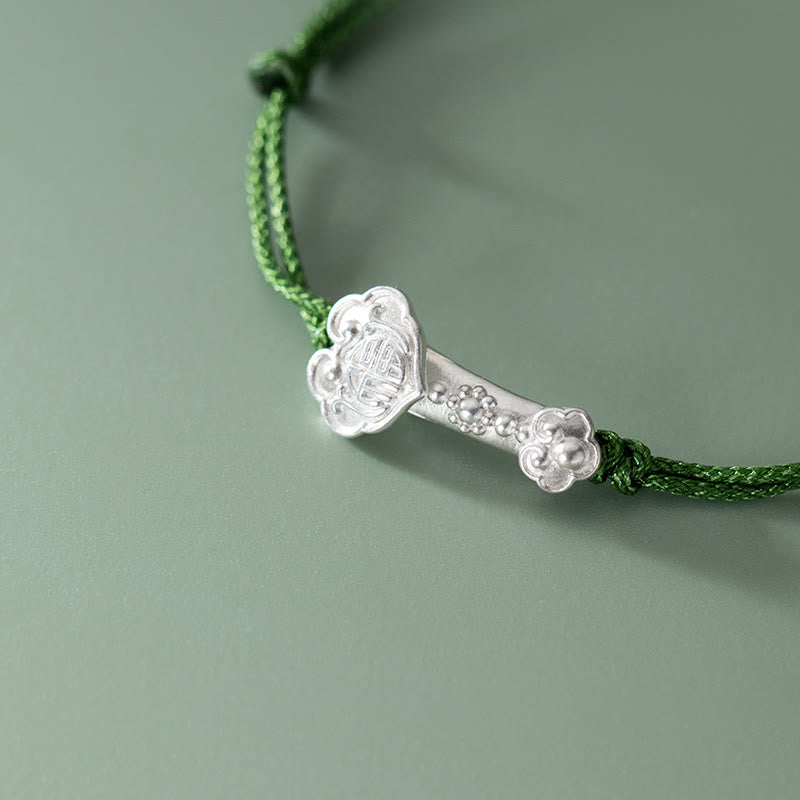 Braccialetto in corda verde intrecciata con impugnatura Ruyi, in argento sterling 999, fatto a mano, con carattere Fu , Buddha Stones
