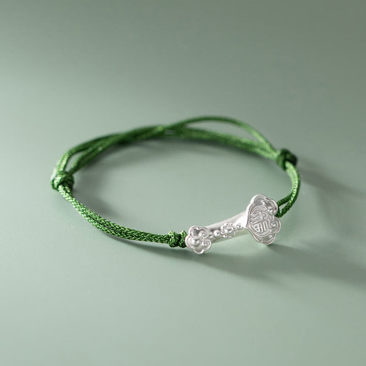 Braccialetto in corda verde intrecciata con impugnatura Ruyi, in argento sterling 999, fatto a mano, con carattere Fu , Buddha Stones