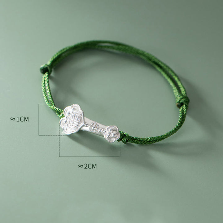 Braccialetto in corda verde intrecciata con impugnatura Ruyi, in argento sterling 999, fatto a mano, con carattere Fu , Buddha Stones