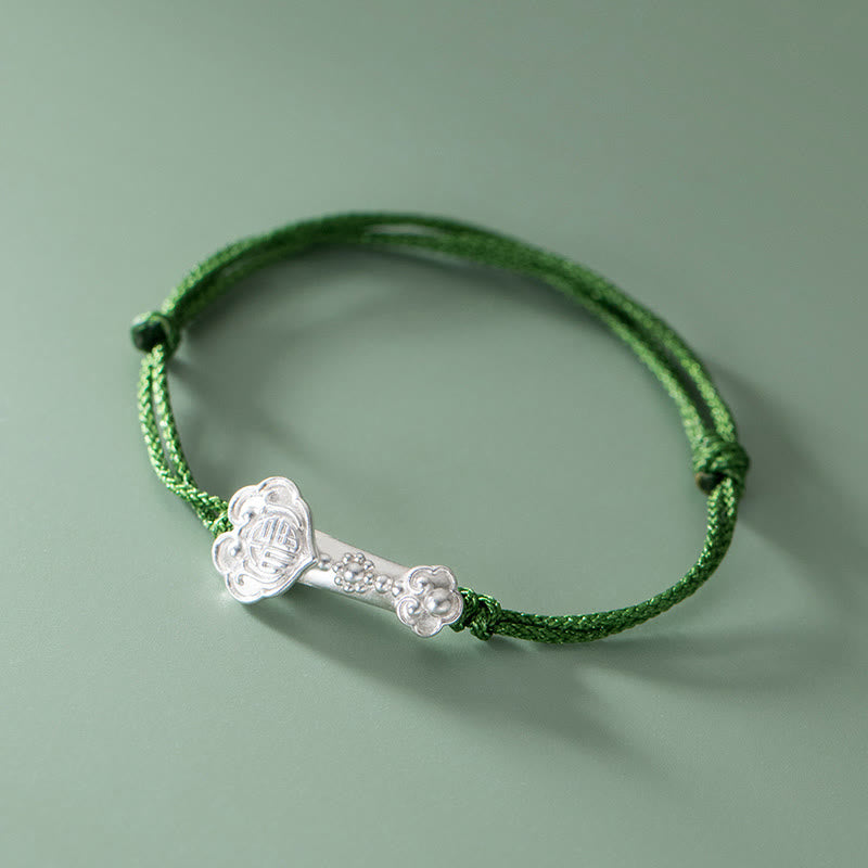Braccialetto in corda verde intrecciata con impugnatura Ruyi, in argento sterling 999, fatto a mano, con carattere Fu , Buddha Stones