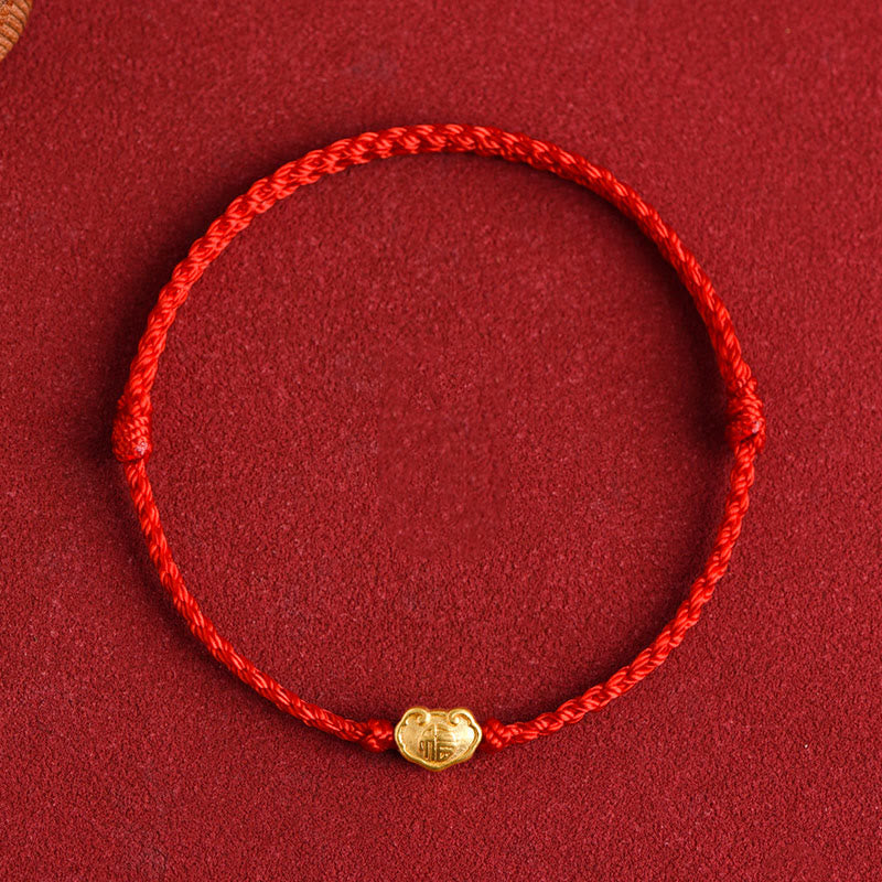 Buddha Stones 999 Oro Cinese Lucchetto Ciondolo Carattere Fu Protezione Braccialetto Fatto a Mano in Corda - image 9