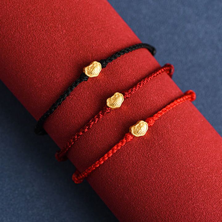 Buddha Stones 999 Oro Cinese Lucchetto Ciondolo Carattere Fu Protezione Braccialetto Fatto a Mano in Corda - image 2