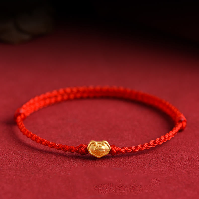 Buddha Stones 999 Oro Cinese Lucchetto Ciondolo Carattere Fu Protezione Braccialetto Fatto a Mano in Corda - Rosso - Versione per bambini adatta per bambini da 0 a 4 anni (circonferenza del polso 12-18 cm) - image 0