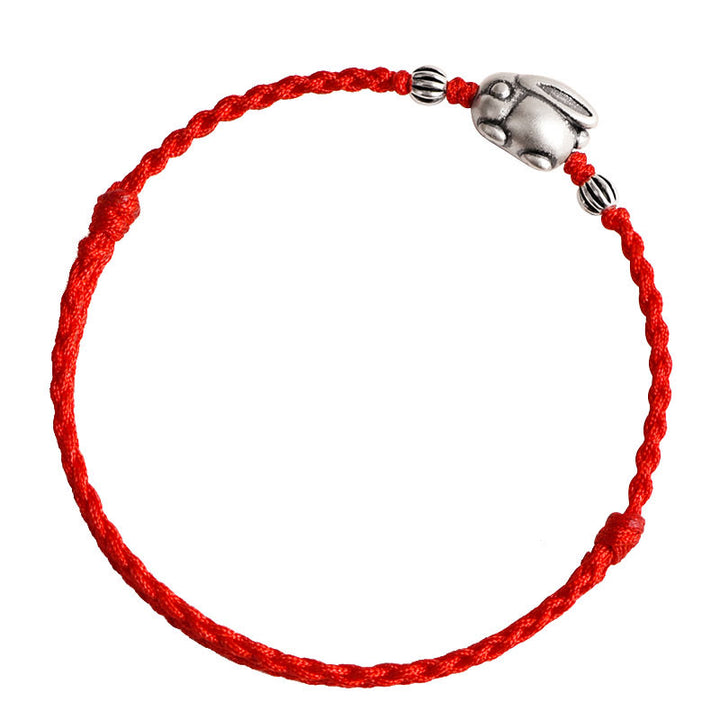 Buddha Stones Braccialetto portafortuna in corda di coniglio in argento sterling 999 fatto a mano