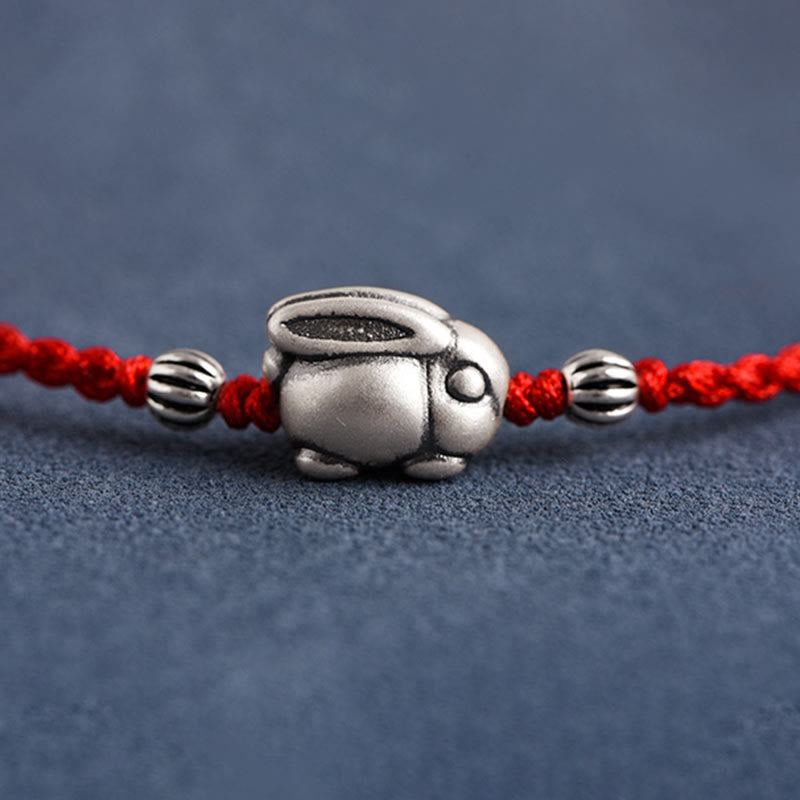 Buddha Stones Braccialetto portafortuna in corda di coniglio in argento sterling 999 fatto a mano