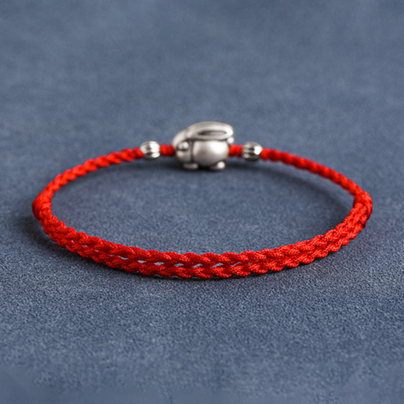 Buddha Stones Braccialetto portafortuna in corda di coniglio in argento sterling 999 fatto a mano