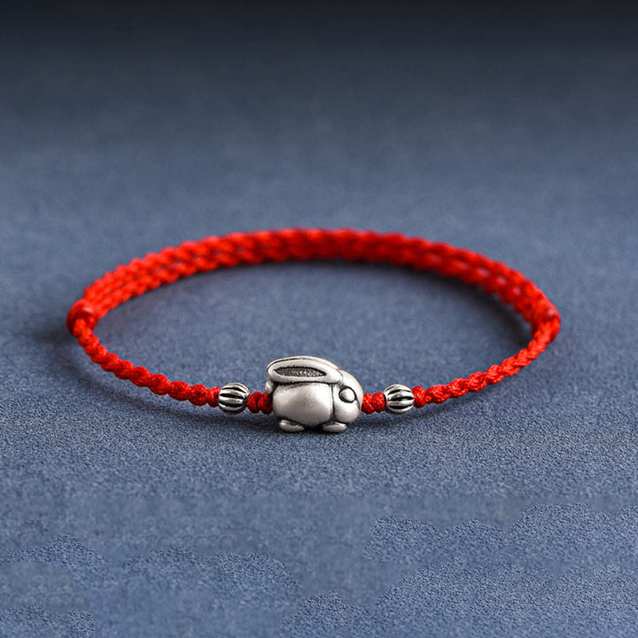 Buddha Stones Braccialetto portafortuna in corda di coniglio in argento sterling 999 fatto a mano