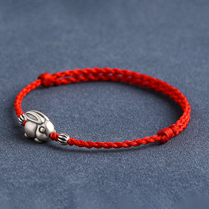 Buddha Stones Braccialetto portafortuna in corda di coniglio in argento sterling 999 fatto a mano
