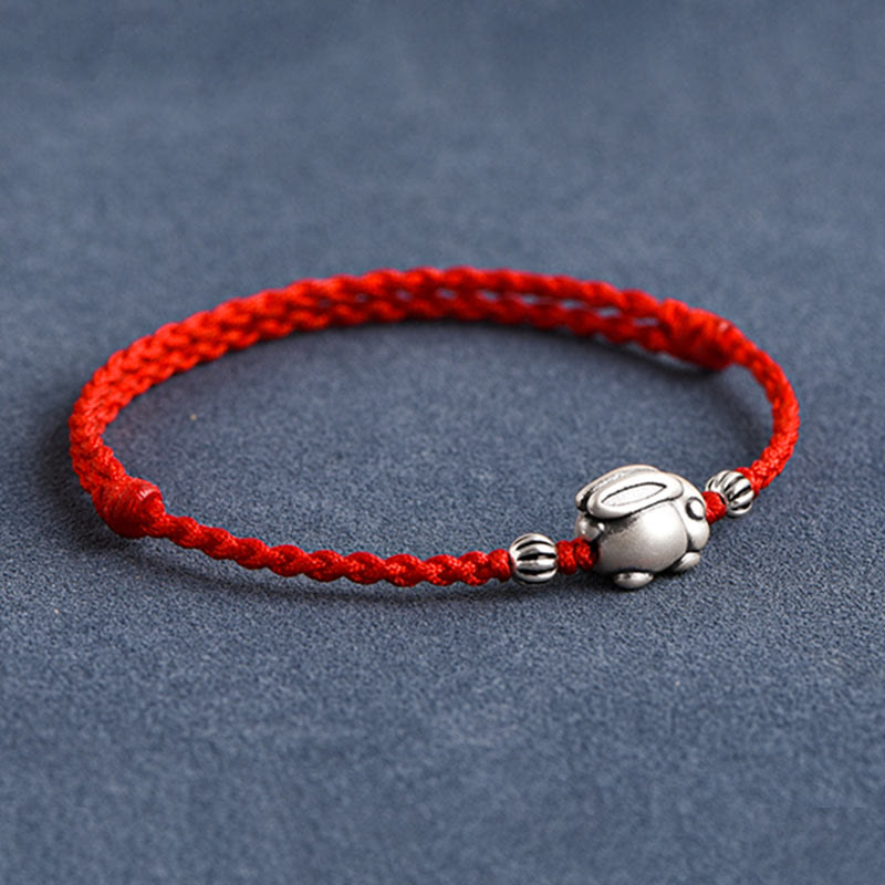 Buddha Stones Braccialetto portafortuna in corda di coniglio in argento sterling 999 fatto a mano