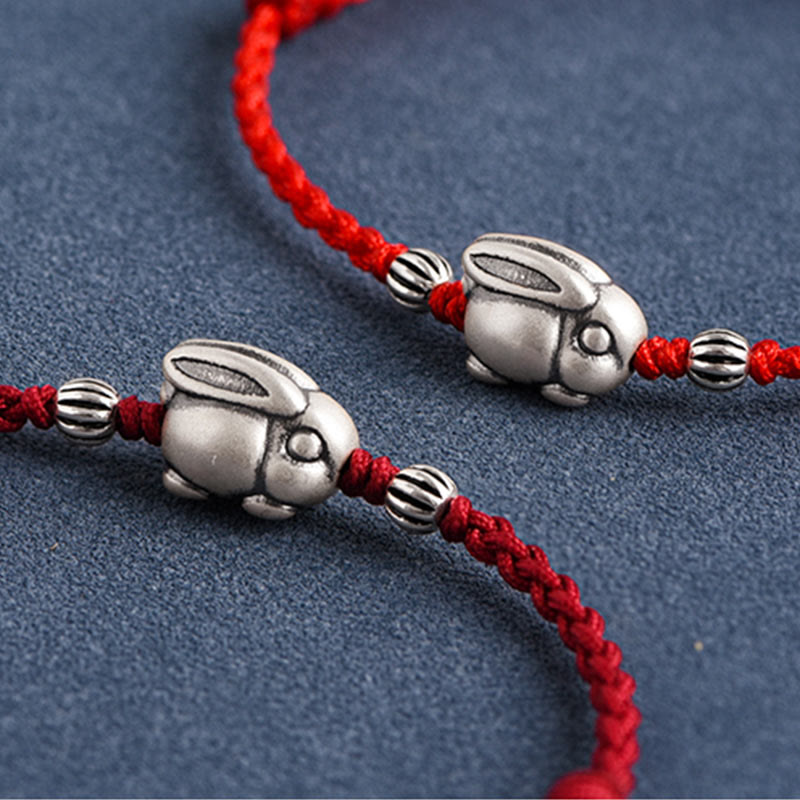 Buddha Stones Braccialetto portafortuna in corda di coniglio in argento sterling 999 fatto a mano