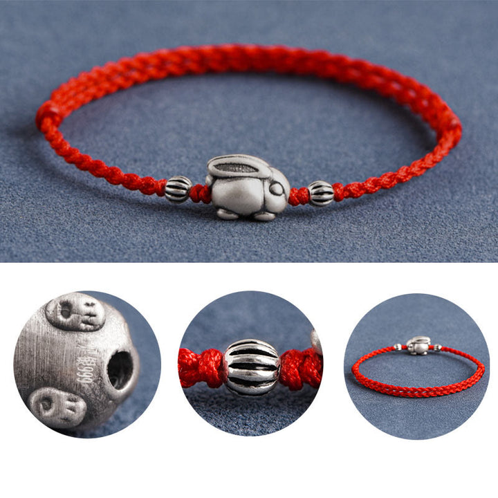 Buddha Stones Braccialetto portafortuna in corda di coniglio in argento sterling 999 fatto a mano