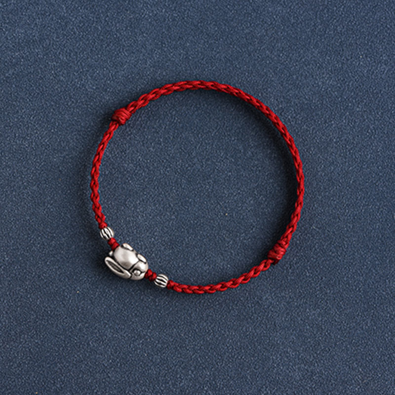 Buddha Stones Braccialetto portafortuna in corda di coniglio in argento sterling 999 fatto a mano