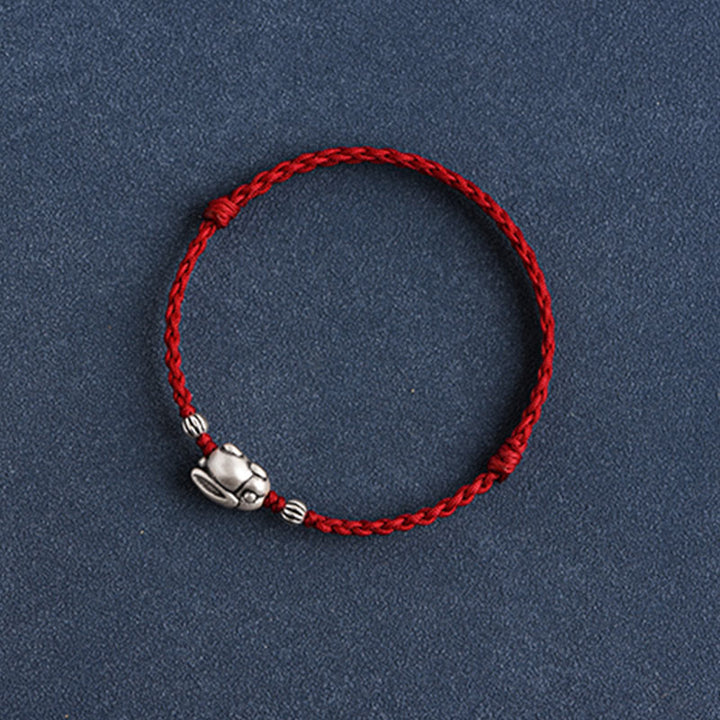 Buddha Stones Braccialetto portafortuna in corda di coniglio in argento sterling 999 fatto a mano