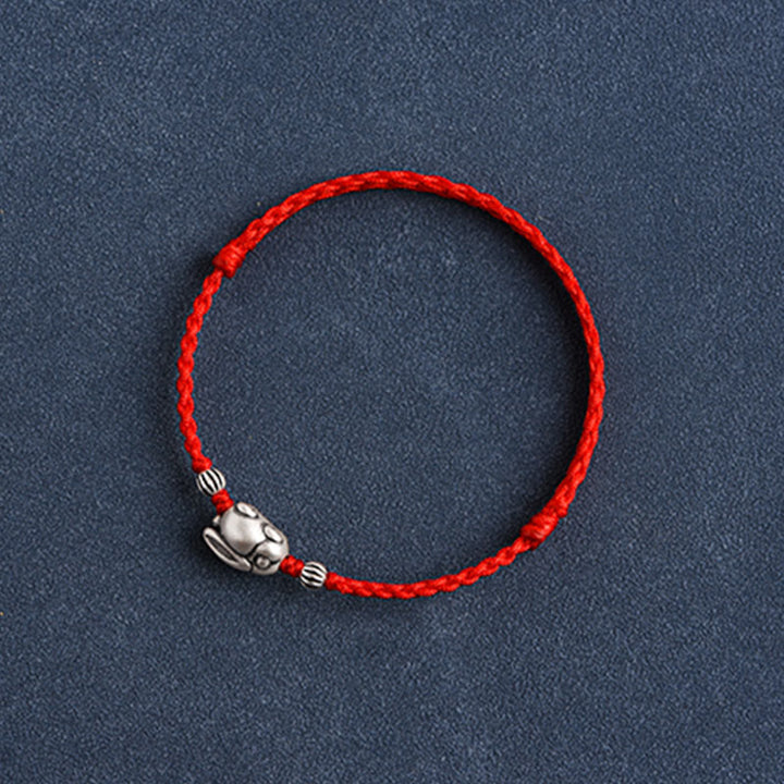 Buddha Stones Braccialetto portafortuna in corda di coniglio in argento sterling 999 fatto a mano
