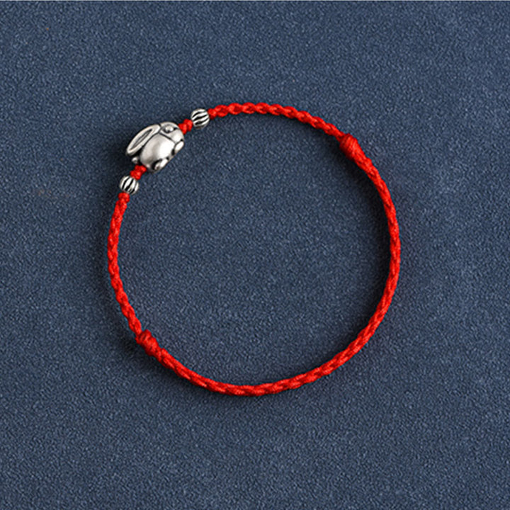 Buddha Stones Braccialetto portafortuna in corda di coniglio in argento sterling 999 fatto a mano