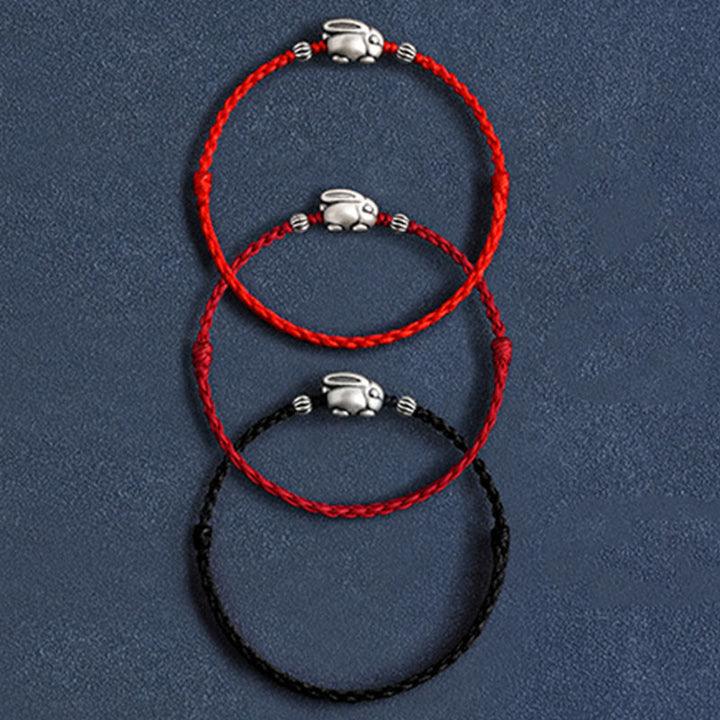 Buddha Stones Braccialetto portafortuna in corda di coniglio in argento sterling 999 fatto a mano